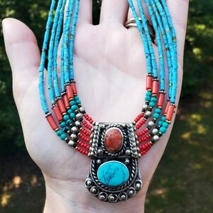Turquoise and Coral Beaded Necklace